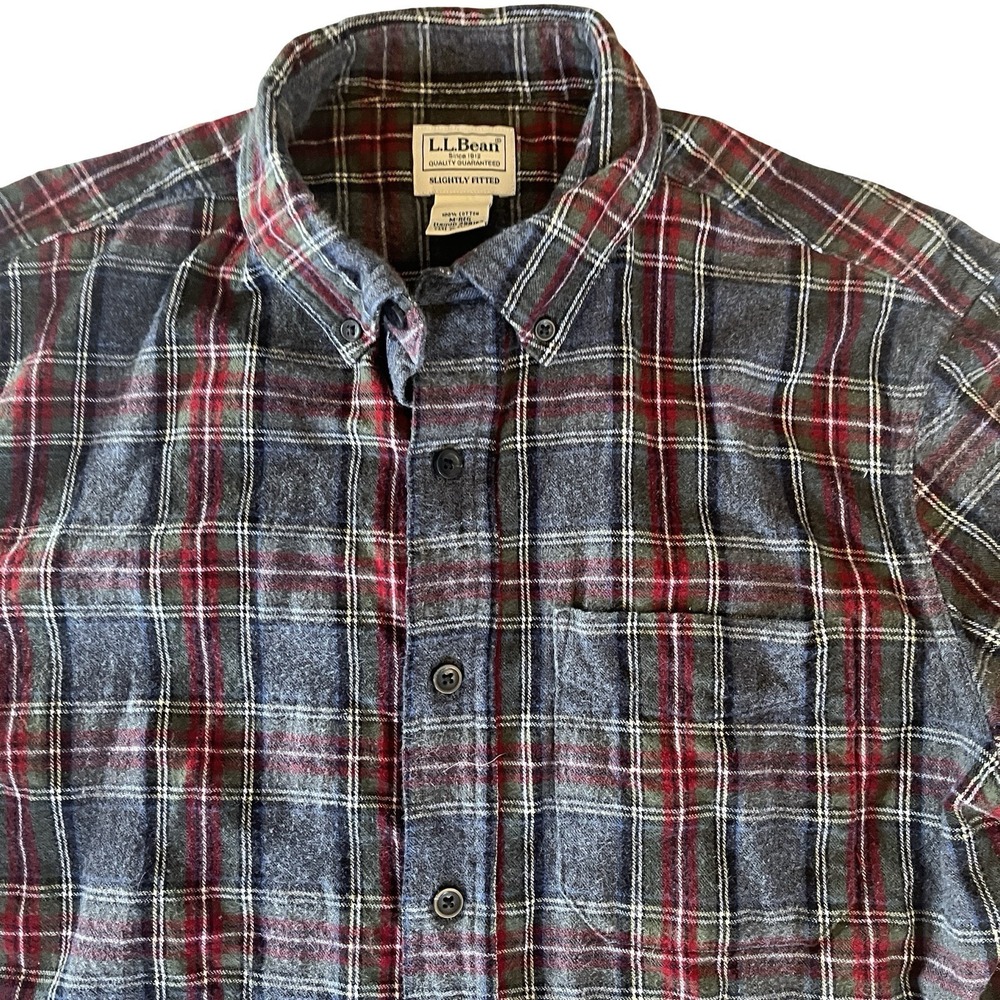 L.L. Bean Men's Size M Reg Flannel Gray Red Plaid 100% Cotton Button Up - Picture 5 of 7